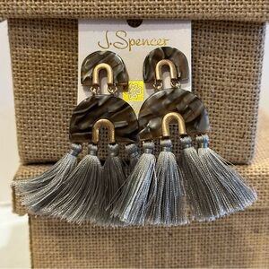 NWT J. Spencer earrings, gold tone: gray/ brown faux tortoise acrylic, tassel